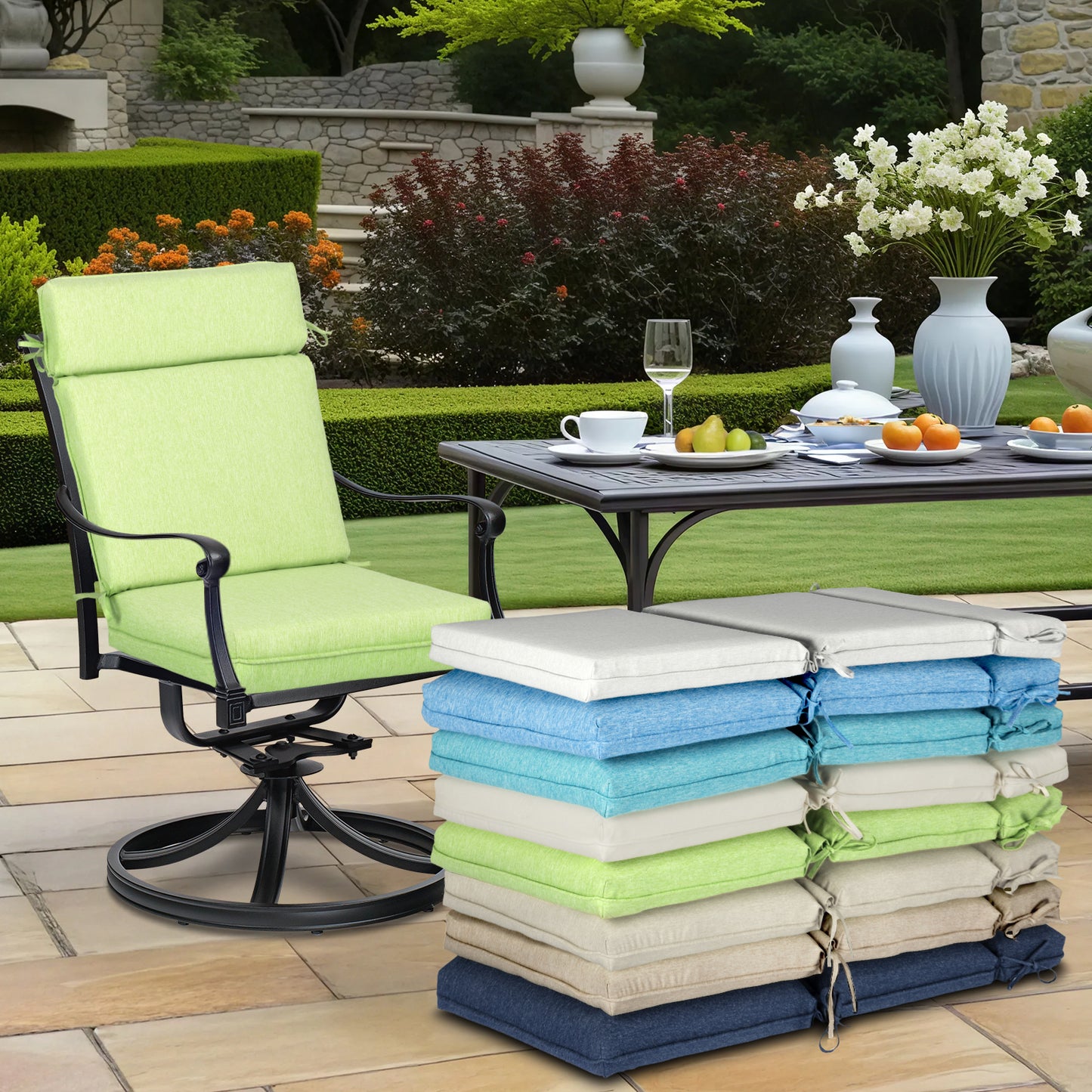 Outdoor High Back Dining Chair Cushion Set, Polyester Fabric, TPU Water Repellent Coating, Green Aoodor 