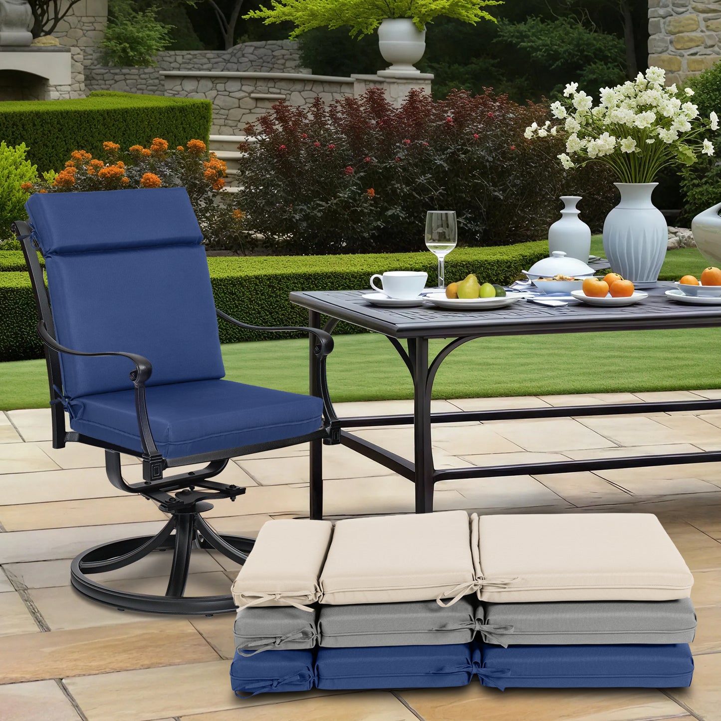Outdoor Polyester High Back Dining Chair Cushion Set - Navy Blue Aoodor 