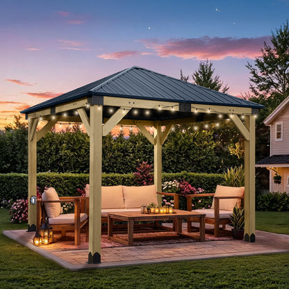 10'x10' Outdoor Patio Wooden Frame Gazebo with Galvanized Metal Hardtop Roof and Charging Socket