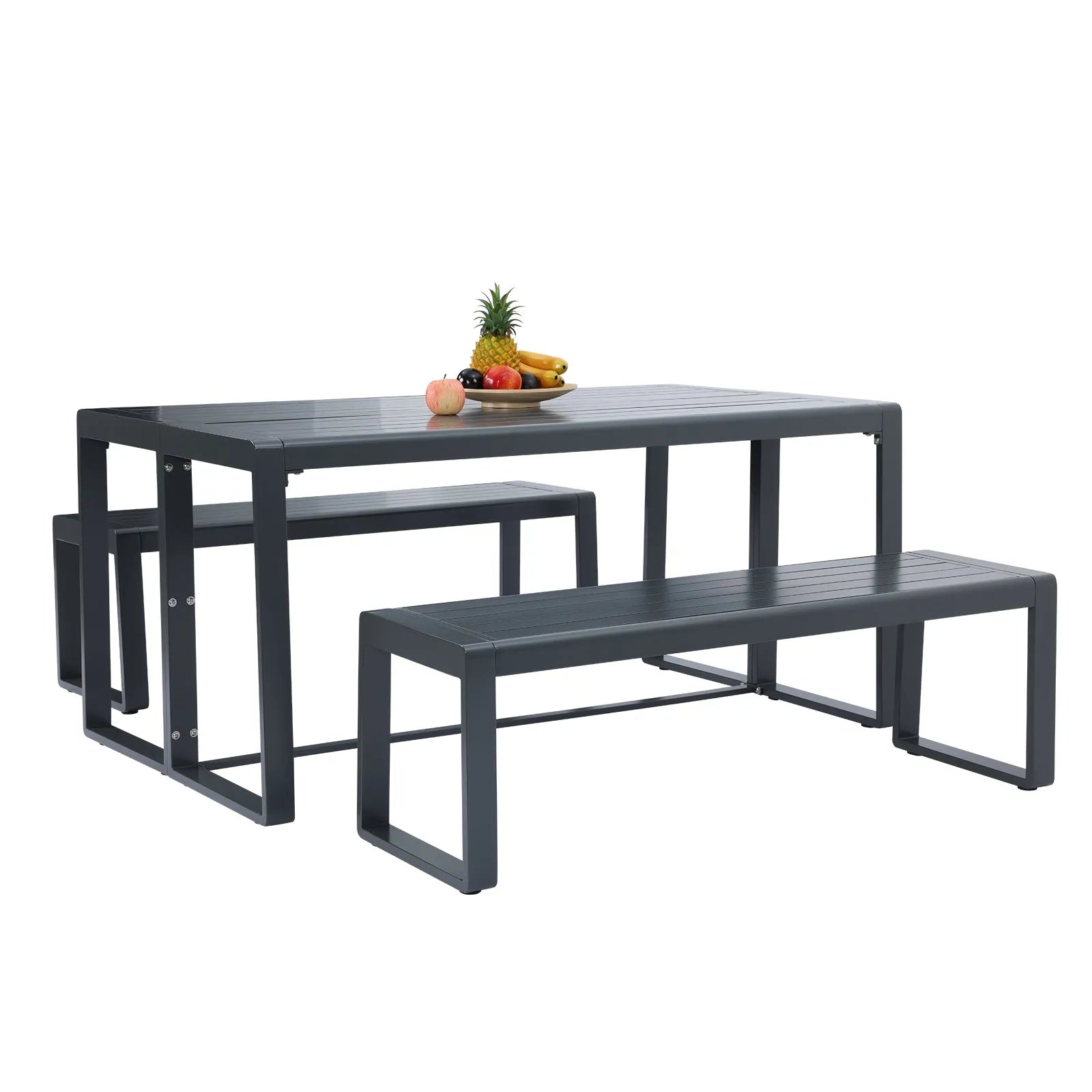 Aoodor 3-Piece Outdoor Patio Aluminum Dining Set with 1 Rectangular Picnic Table and 2 Benches Charcoal
