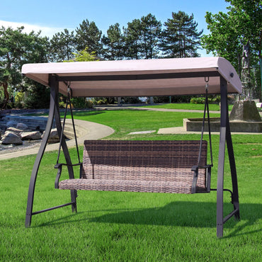3-Seat Outdoor Rattan Patio Swing with Adjustable Canopy Brown Aoodor