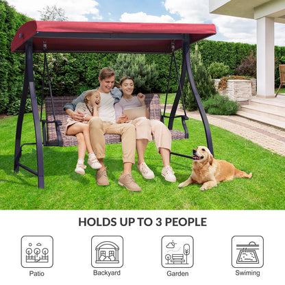 3-Seat Outdoor Rattan Patio Swing with Adjustable Canopy Red for Patio Backyard Garden Swimming Pool Aoodor