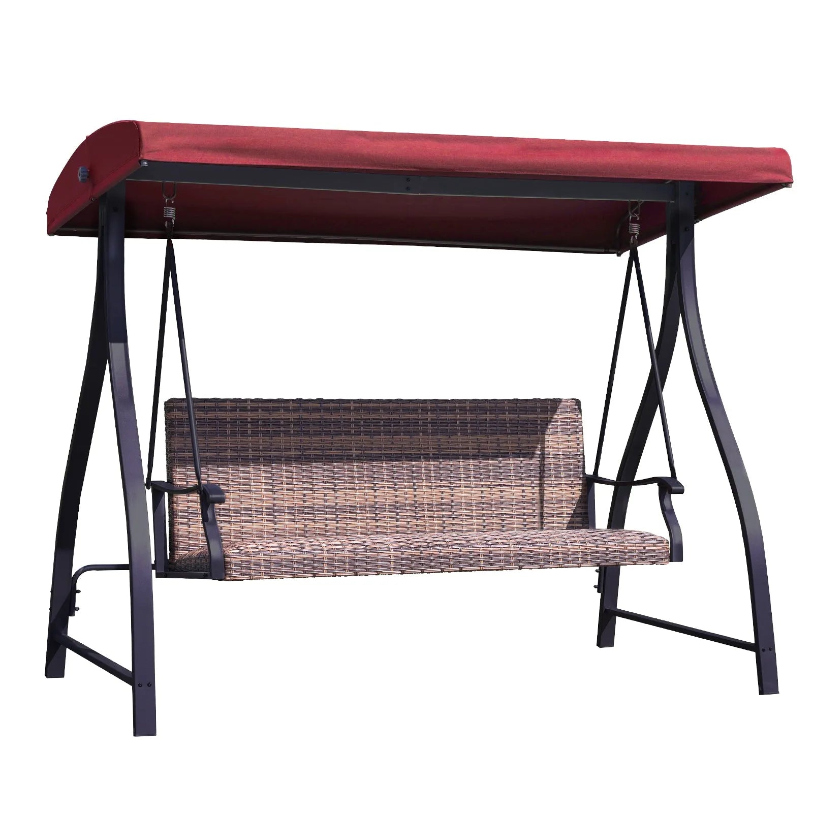 3-Seat Outdoor Rattan Patio Swing with Adjustable Canopy Red Aoodor