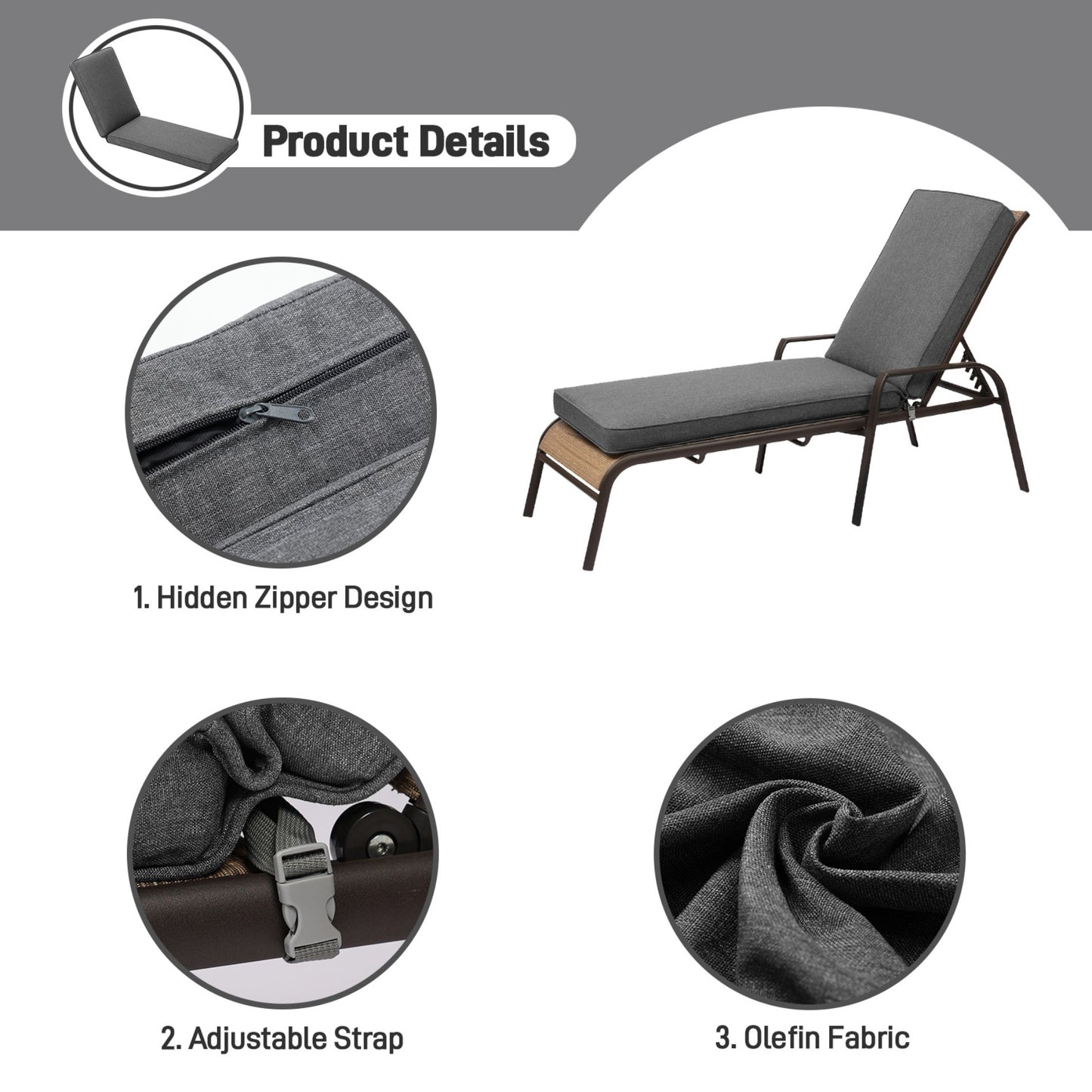 72x21x3 inch Patio Chaise Lounger Cushions Set of 2 - Charcoal