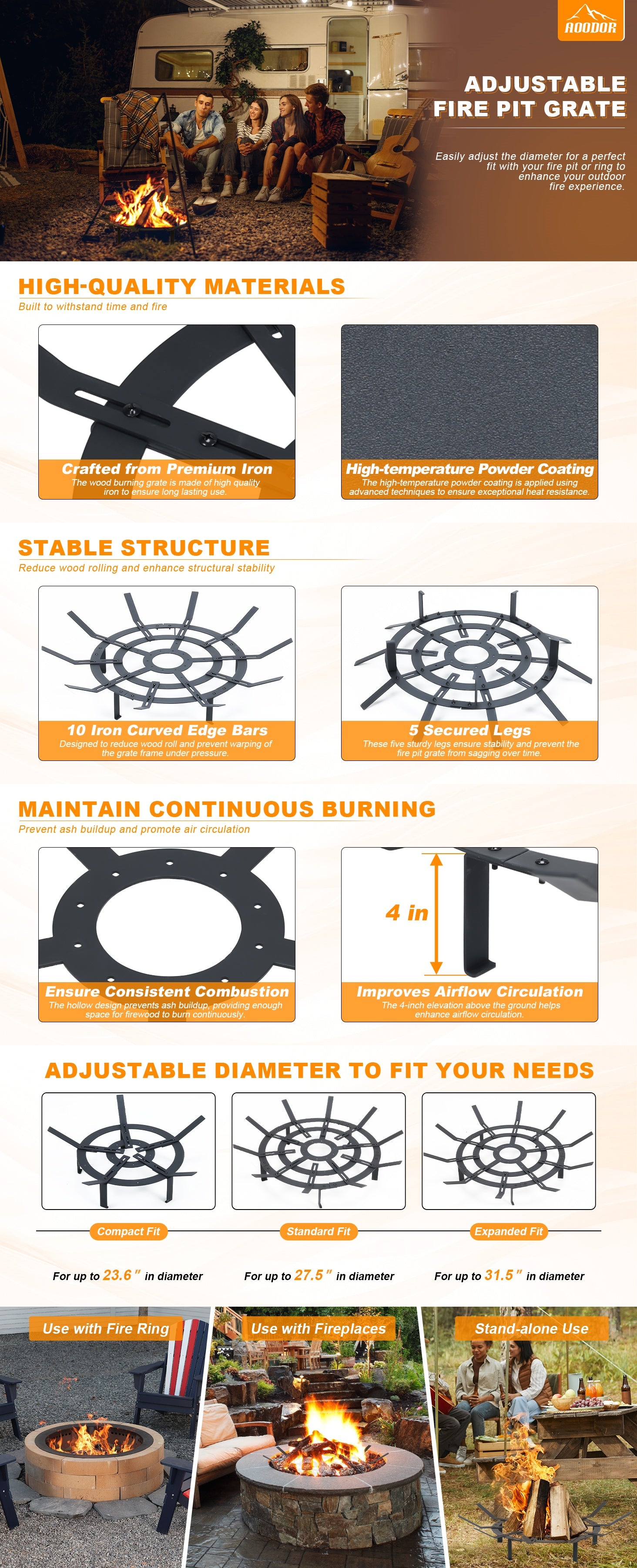 31 inch Fire Grate, Round Adjustable Size Smoke-Free Fire Pit Grate, Heavy Duty Burning Log Grate for Outdoor Campfire, Hearth Wood Stove and Outdoor Camping, Black