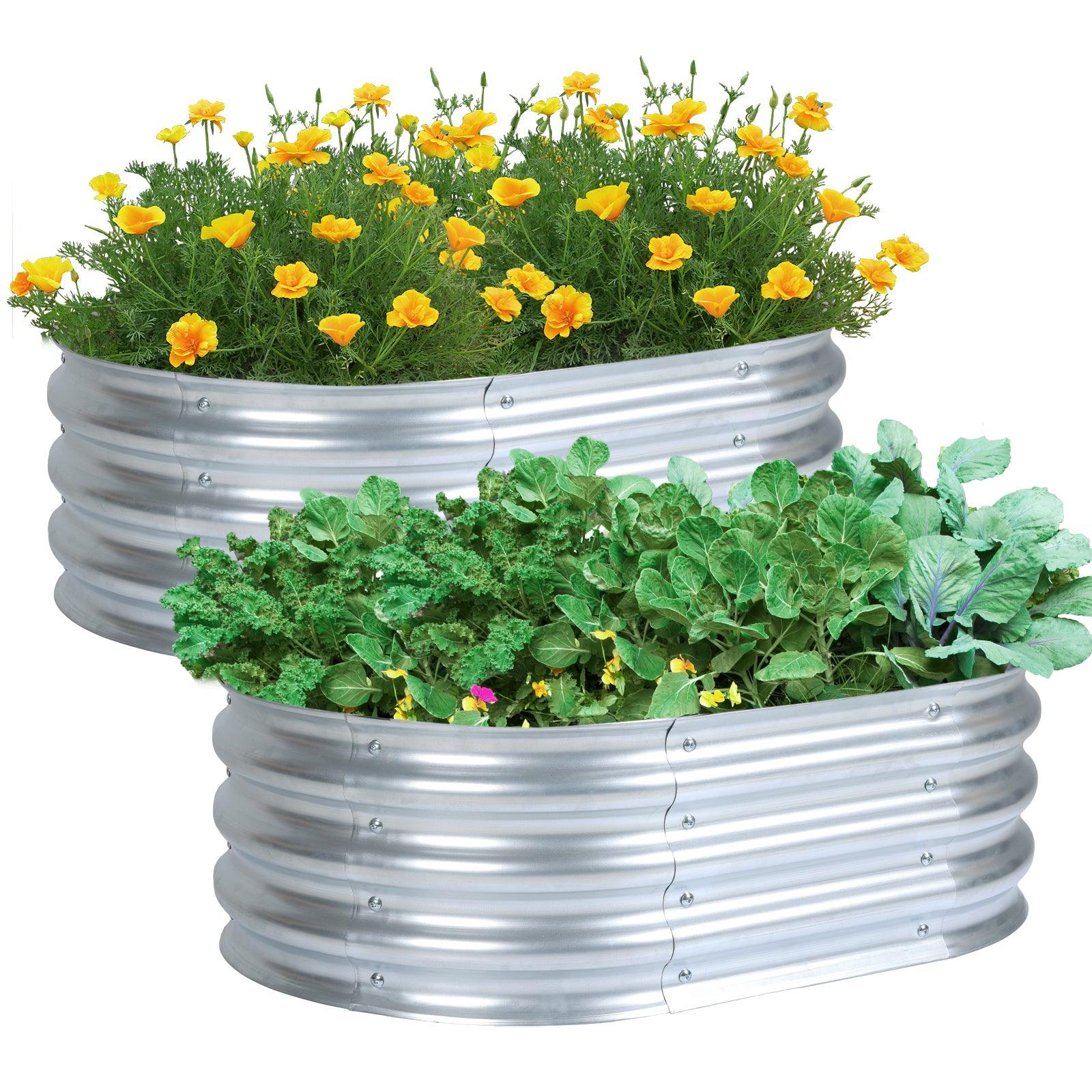 35(L)x24(W)x12(H)inch Galvanized Raised Garden Bed Kit, 2Pcs Outdoor Garden Planter Oval Large Boxes for Vegetables, Flowers, Herbs - Silver Aoodor