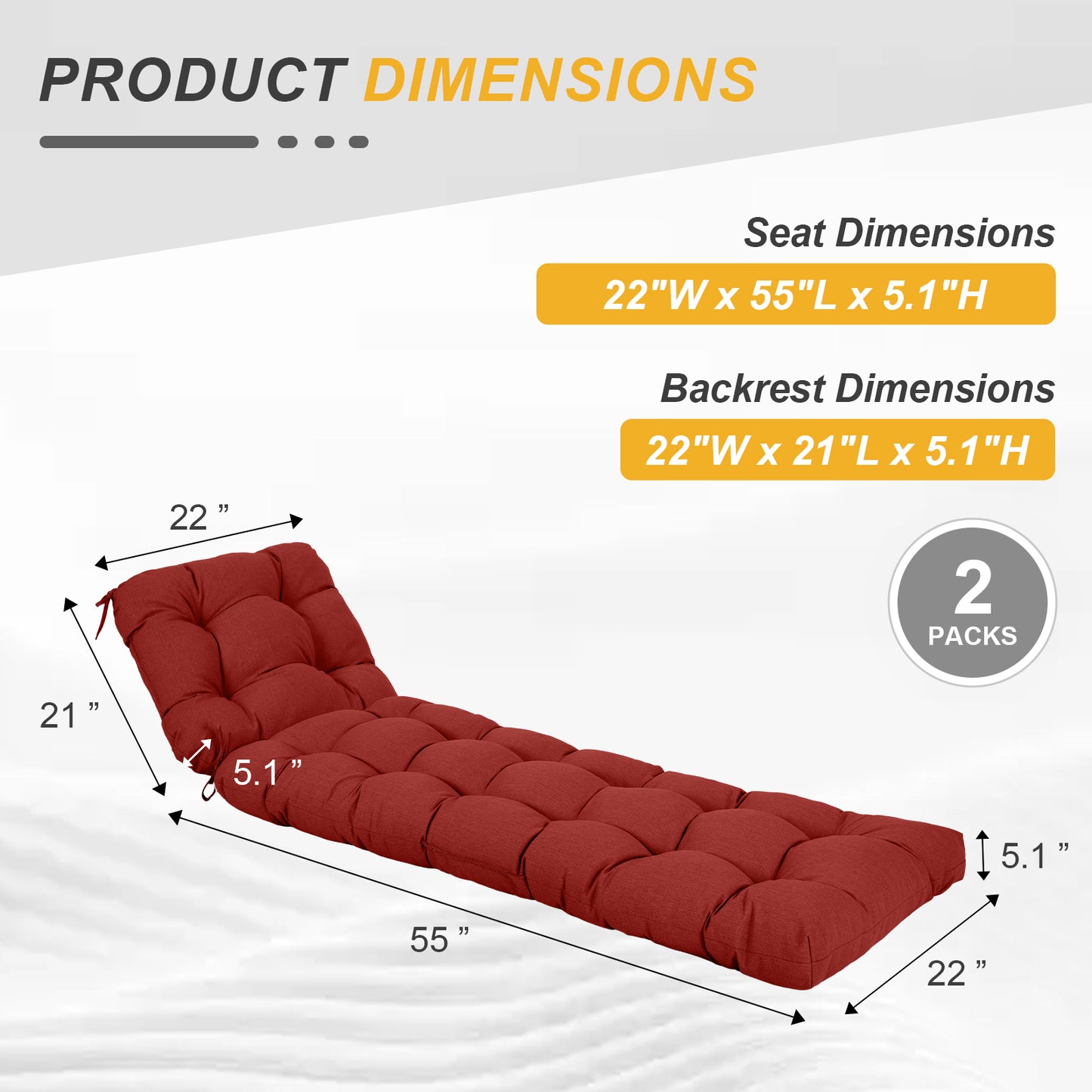 76"x22"x5.1" Polyester Tufted Chaise Lounge Cushion for Outdoor Wicker Chaise Lounge Use, 2 Packs - Red Aoodor 