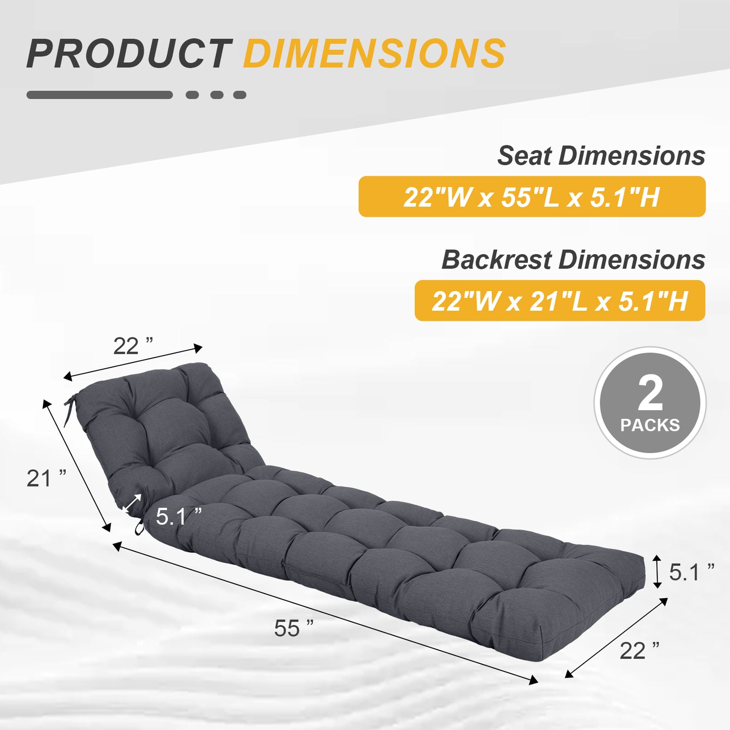 76"x22"x5.1" Polyester Tufted Chaise Lounge Cushion for Outdoor Wicker Chaise Lounge Use, 2 Packs - Dark Gray Aoodor 