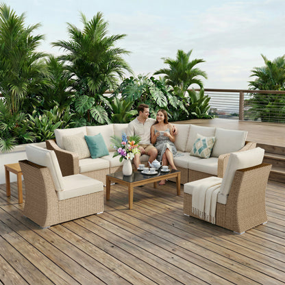 10-Piece Half-Moon Wicker Outdoor Sectional Set with Beige Cushions