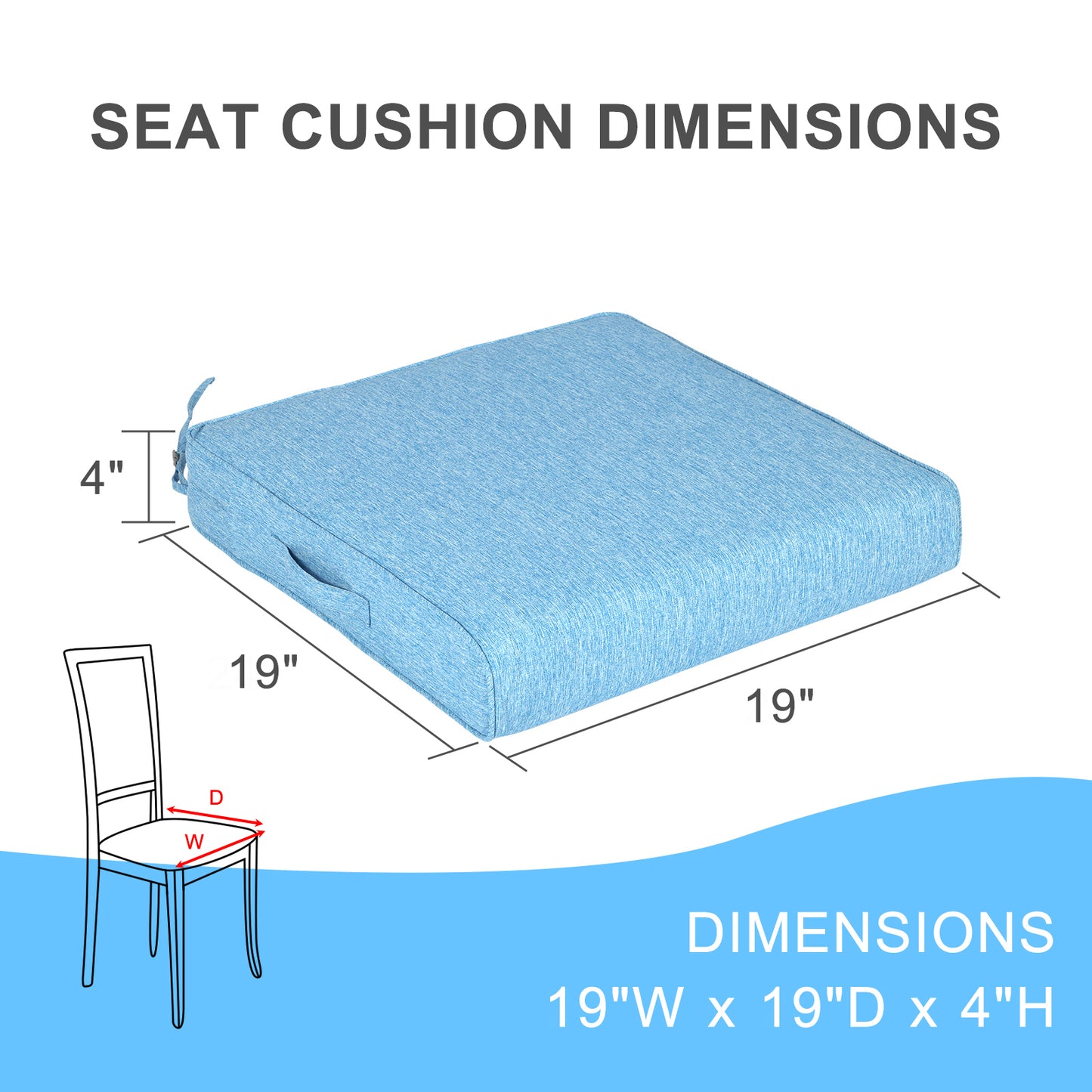 Outdoor Chair Cushions Set, Patio Chair Seat Pads with Handle and Ties, Lake Blue