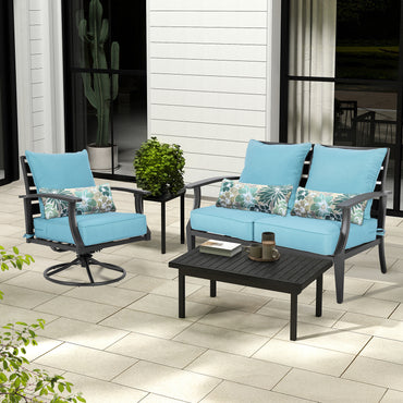 Patio Deep Chair Cushion, 2 Back 2 Seater 2 Pillow, Blue Aoodor 