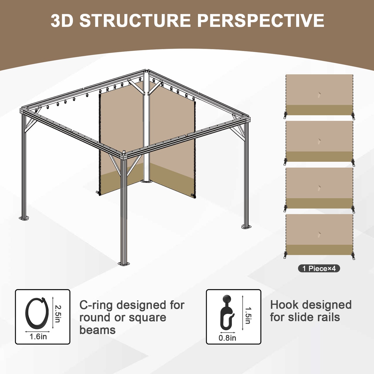 Outdoor Gazebo Curtains, 4 Panels Privacy Sidewall Replacement (Curtain Only) - Sand Yellow and Khaki