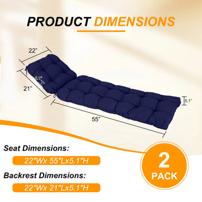 76"x22"x5.1" Polyester Tufted Chaise Lounge Cushion for Outdoor Wicker Chaise Lounge Use, 2 Packs - Dark Blue