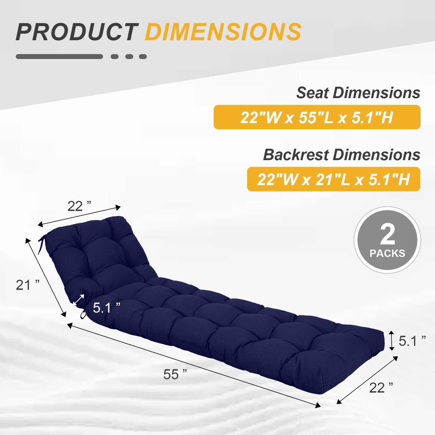 76"x22"x5.1" Polyester Tufted Chaise Lounge Cushion for Outdoor Wicker Chaise Lounge Use, 2 Packs - Dark Blue Aoodor 