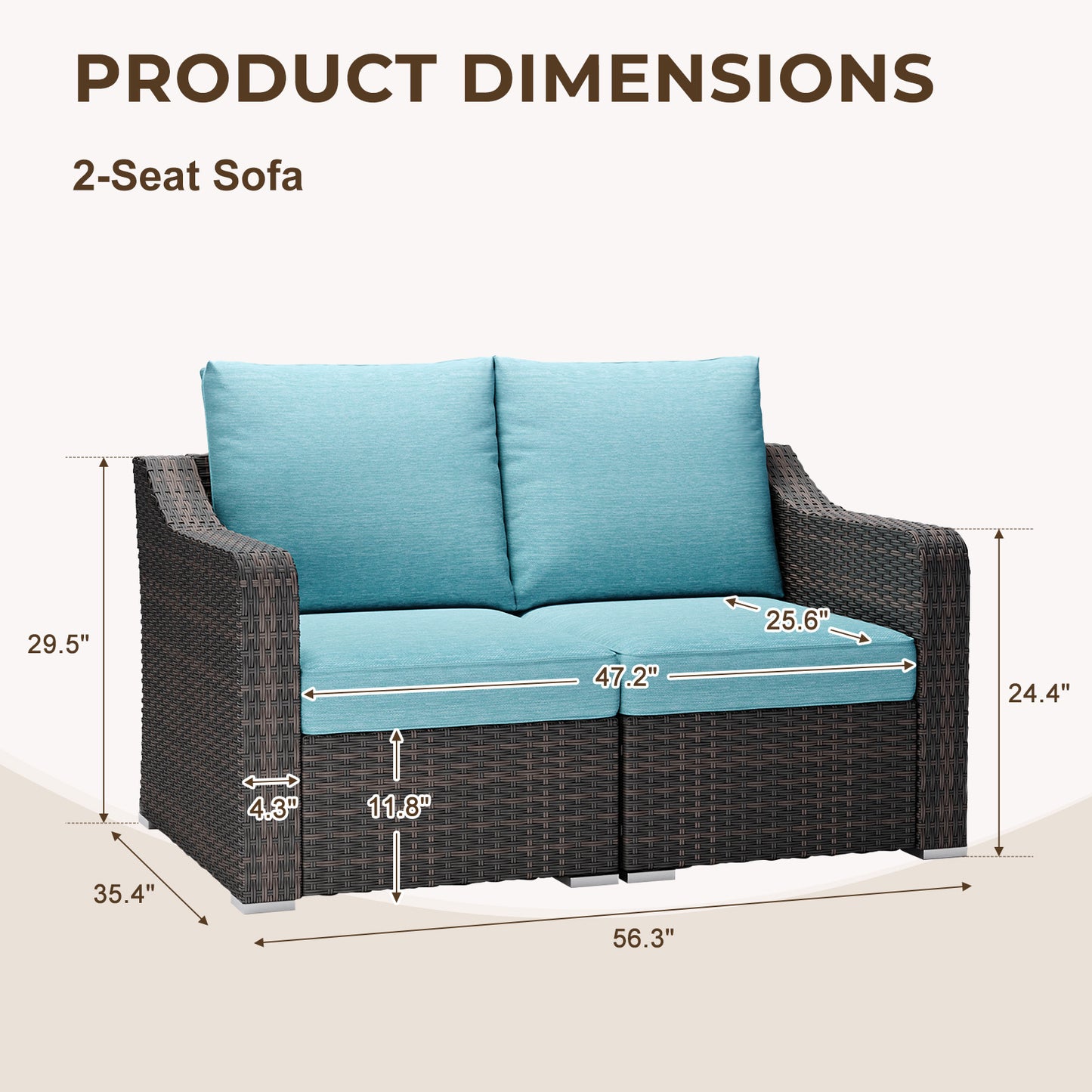 Loveseat Patio Rattan Sofa, Modular Sectional Wicker Couch with Turquoise Cushions