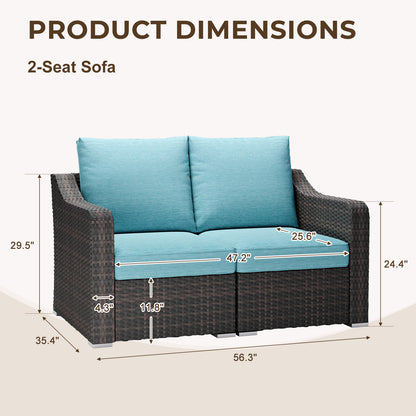 Loveseat Patio Rattan Sofa, Modular Sectional Wicker Couch with Turquoise Cushions