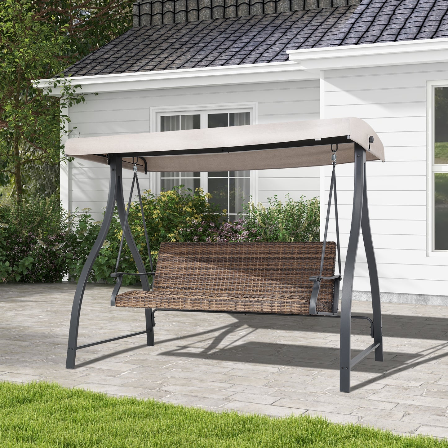 3-Seat Outdoor Rattan Patio Swing with Adjustable Canopy
