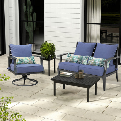Patio Deep Chair Cushion, 2 Back 2 Seater 2 Pillow, Dark Blue