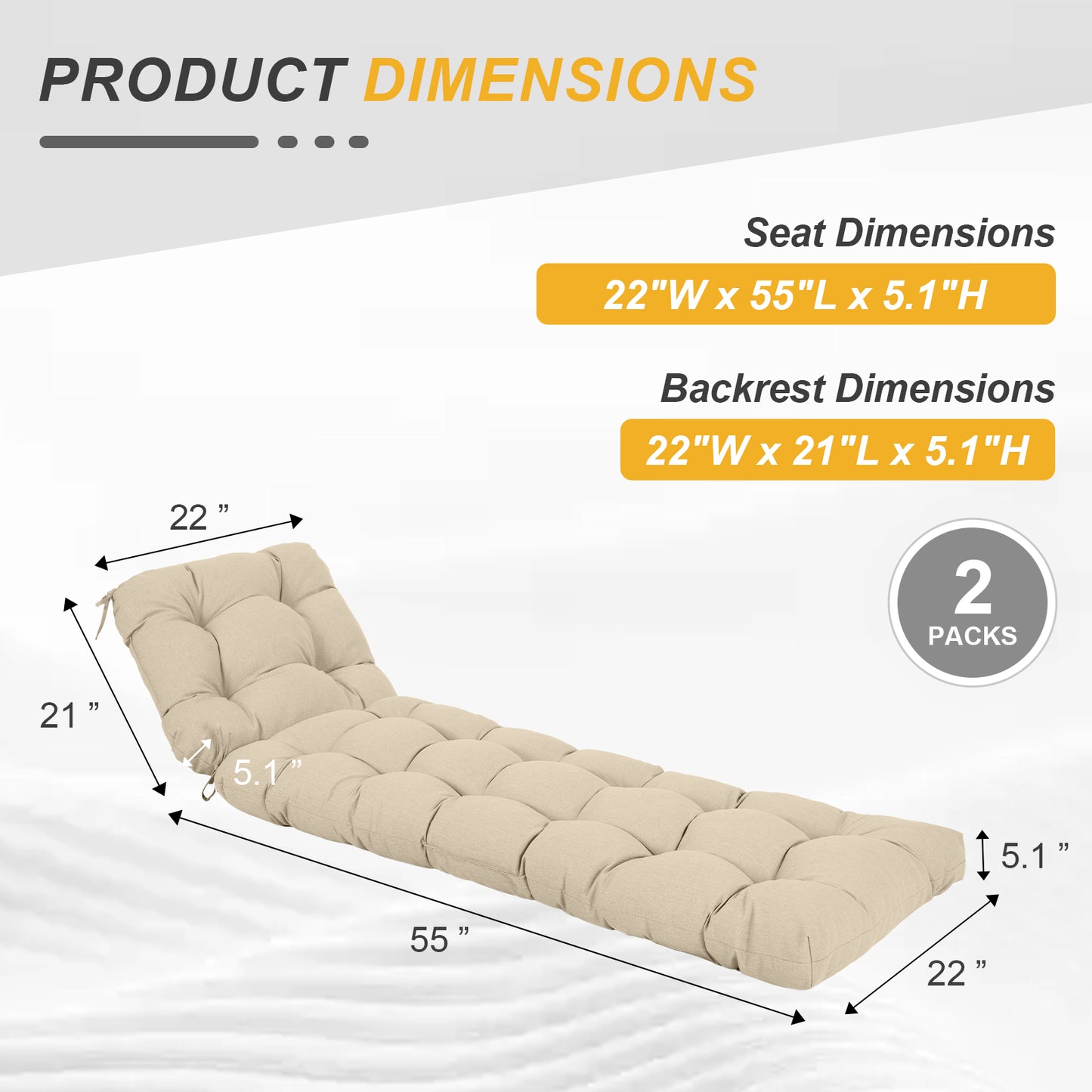 76"x22"x5.1" Polyester Tufted Chaise Lounge Cushion for Outdoor Wicker Chaise Lounge Use, 2 Packs - Khaki Aoodor 