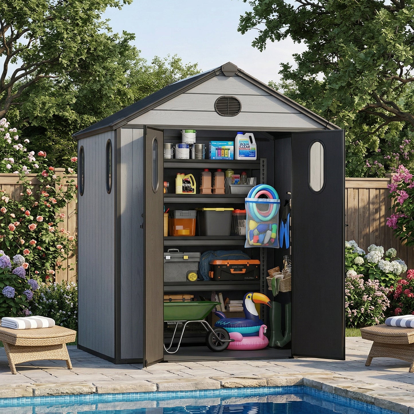 Outdoor Resin Storage Shed with Windows, Mesh Vents and Lockable Door