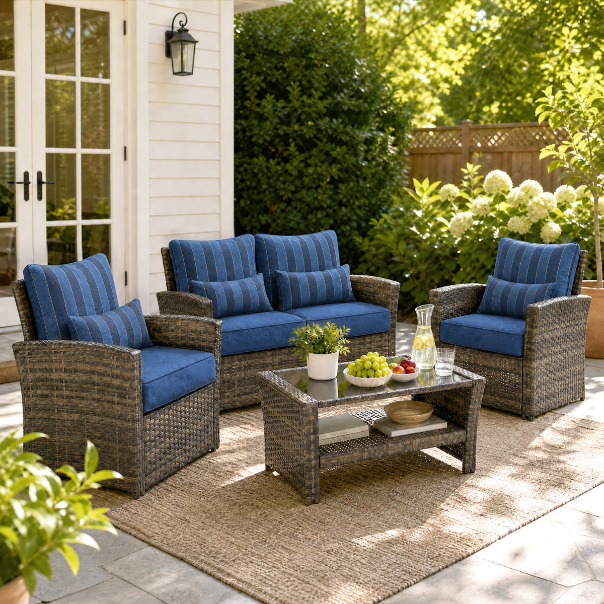 Outdoor Deep Seat Cushion Set with Lumbar Pillow, Patio Chair Back & Seat Cushions, Dark Blue Stripes