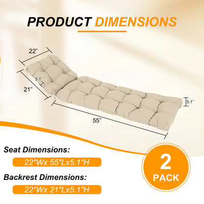 76"x22"x5.1" Polyester Tufted Chaise Lounge Cushion for Outdoor Wicker Chaise Lounge Use, 2 Packs - Khaki