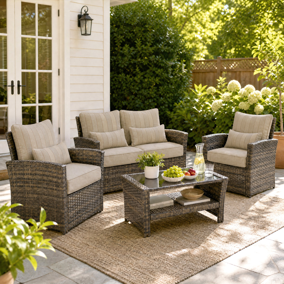 Outdoor Deep Seat Cushion Set with Lumbar Pillow, Patio Chair Back & Seat Cushions, Khaki Stripes