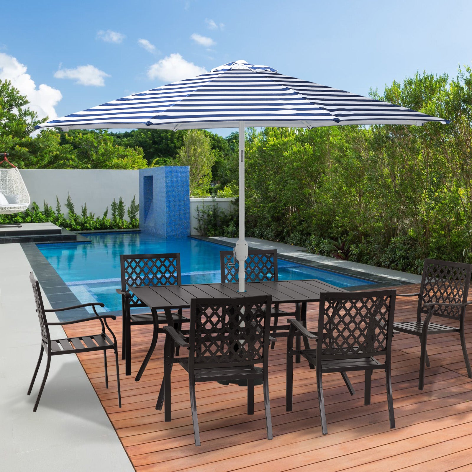 6 inch patio umbrella Aoodor Patio Dining Table for 6 People, 59"L x 38"W Rectangular Metal Outdoor Dining Table with Adjustable Umbrella Hole