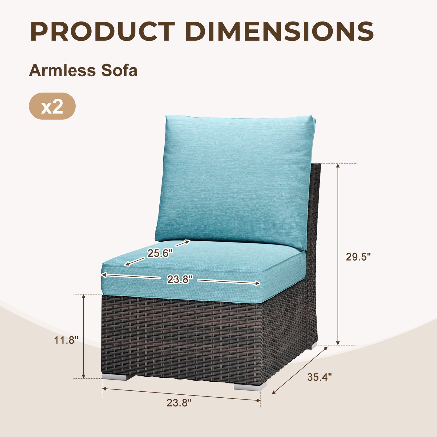 Patio Armless Sofa Set of 2 with Turquoise Cushions – Alfresco Living