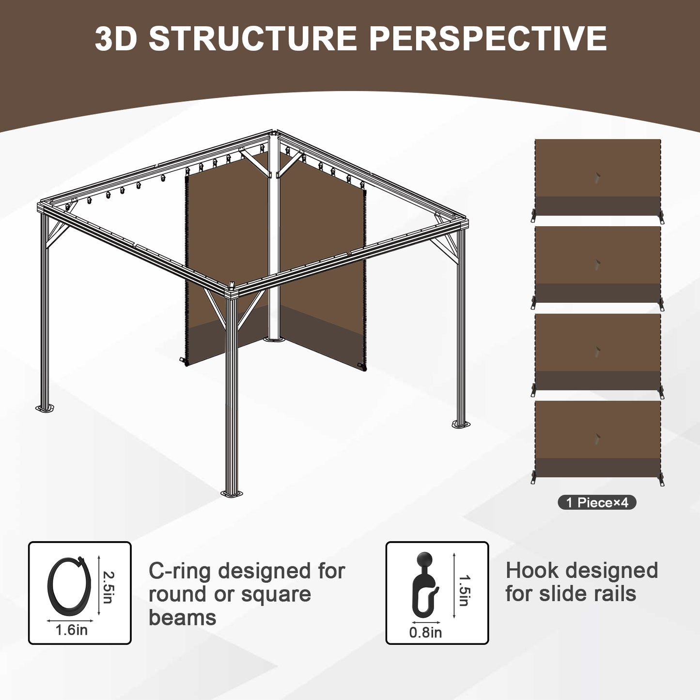 Outdoor Gazebo Curtains, 4 Panels Privacy Sidewall Replacement (Curtain Only) - Brown and Coffee