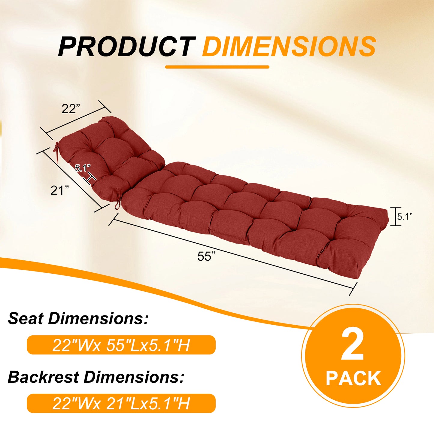 76"x22"x5.1" Polyester Tufted Chaise Lounge Cushion for Outdoor Wicker Chaise Lounge Use, 2 Packs - Red Aoodor 