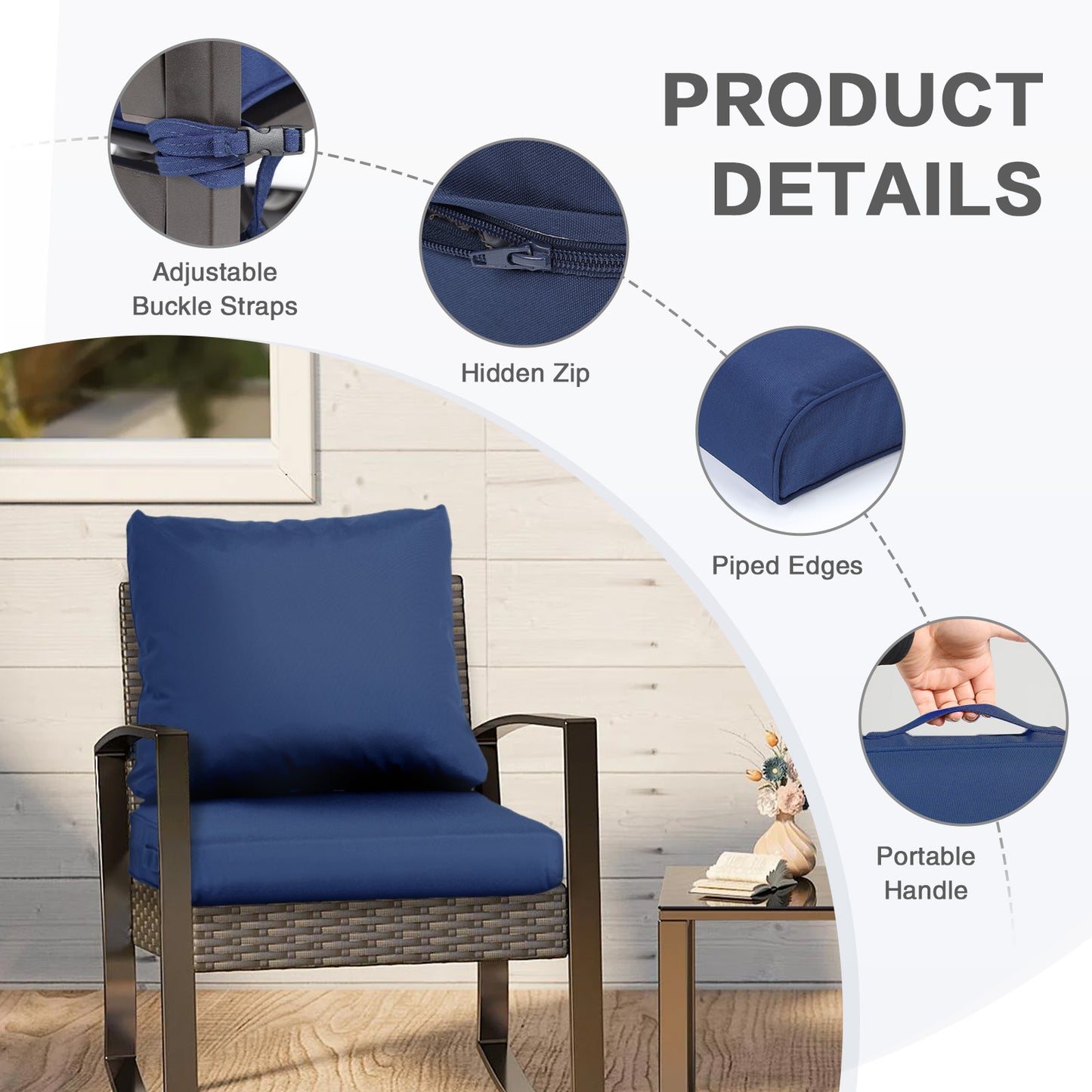 Outdoor Chair Cushions, Patio Deep Seat Cushions with Handle & Adjustable Straps - Navy Blue Aoodor 
