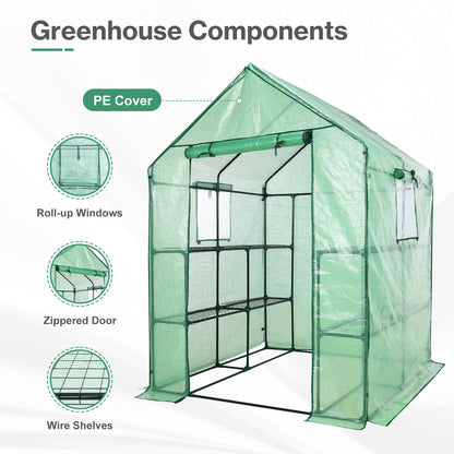 Walk-in Greenhouse with 8 Shelves, Outdoor Garden Plant House with PE Cover