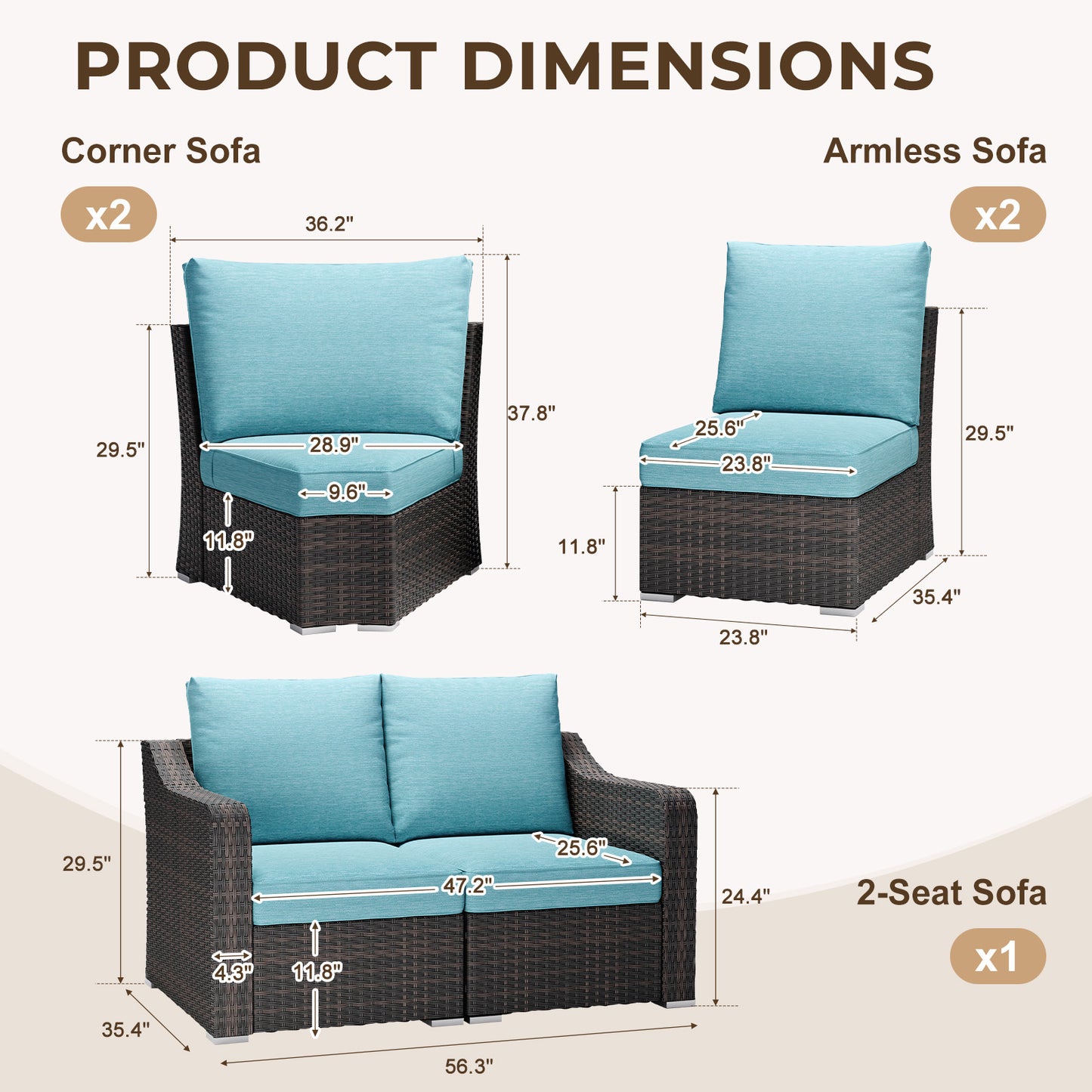 6 Piece L-shaped Patio Furniture Set with Turquoise Cushions - Modular Patio Seating