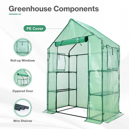Walk-in Greenhouse with Shelves, Outdoor Garden Plant House with PE Cover