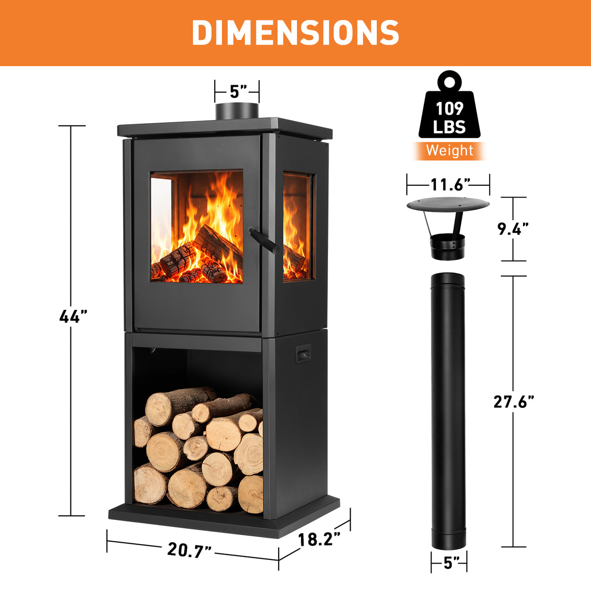 Outdoor fireplace dimension diagram showing a 44-inch body, 20.7 x 18.2-inch base and 5-inch chimney diameter.