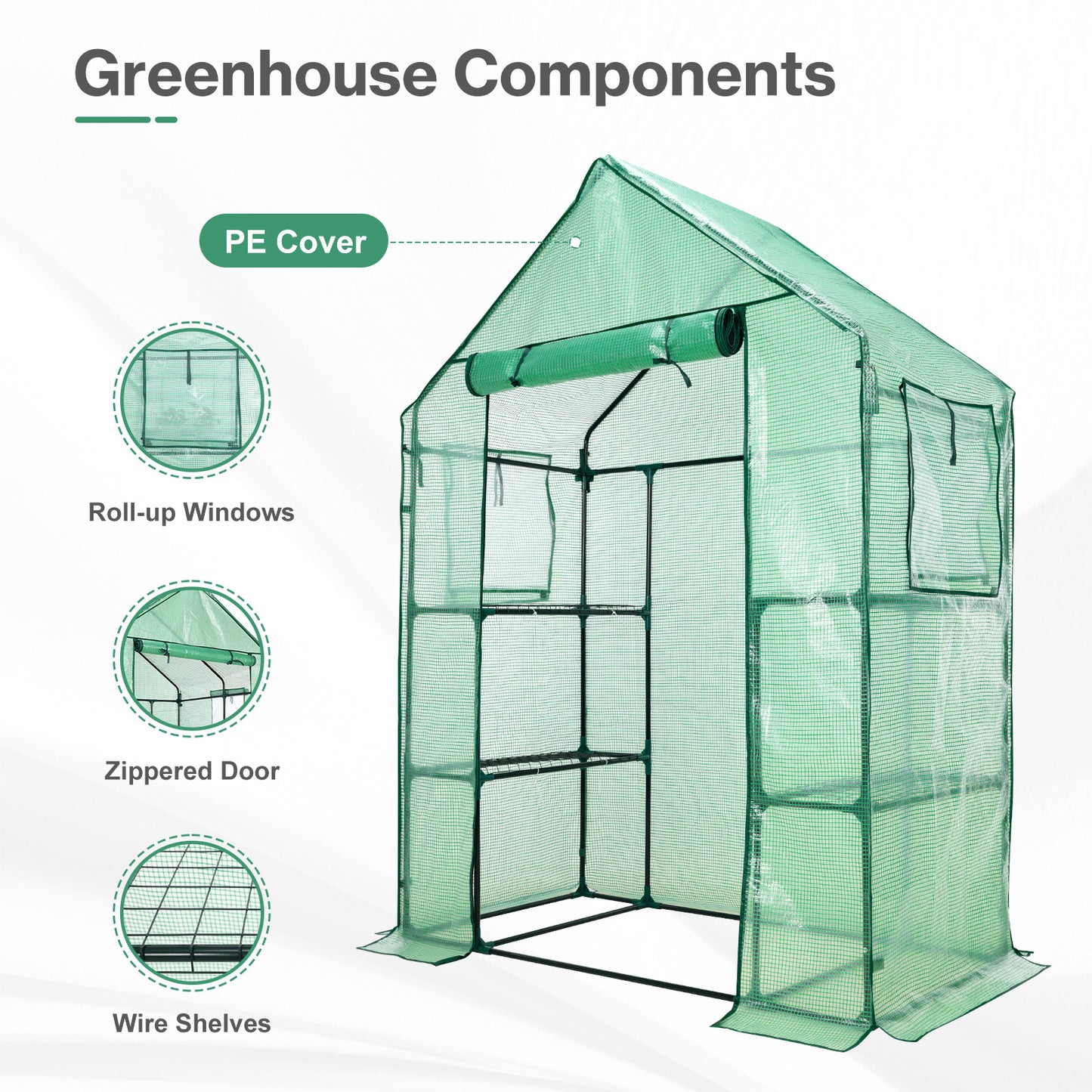 Walk-in Greenhouse with 4 Shelves, Outdoor Garden Plant House with PE Cover