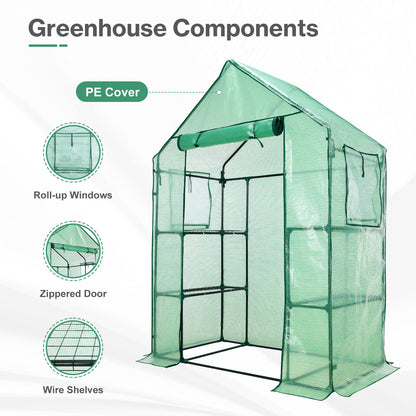 Walk-in Greenhouse with 4 Shelves, Outdoor Garden Plant House with PE Cover