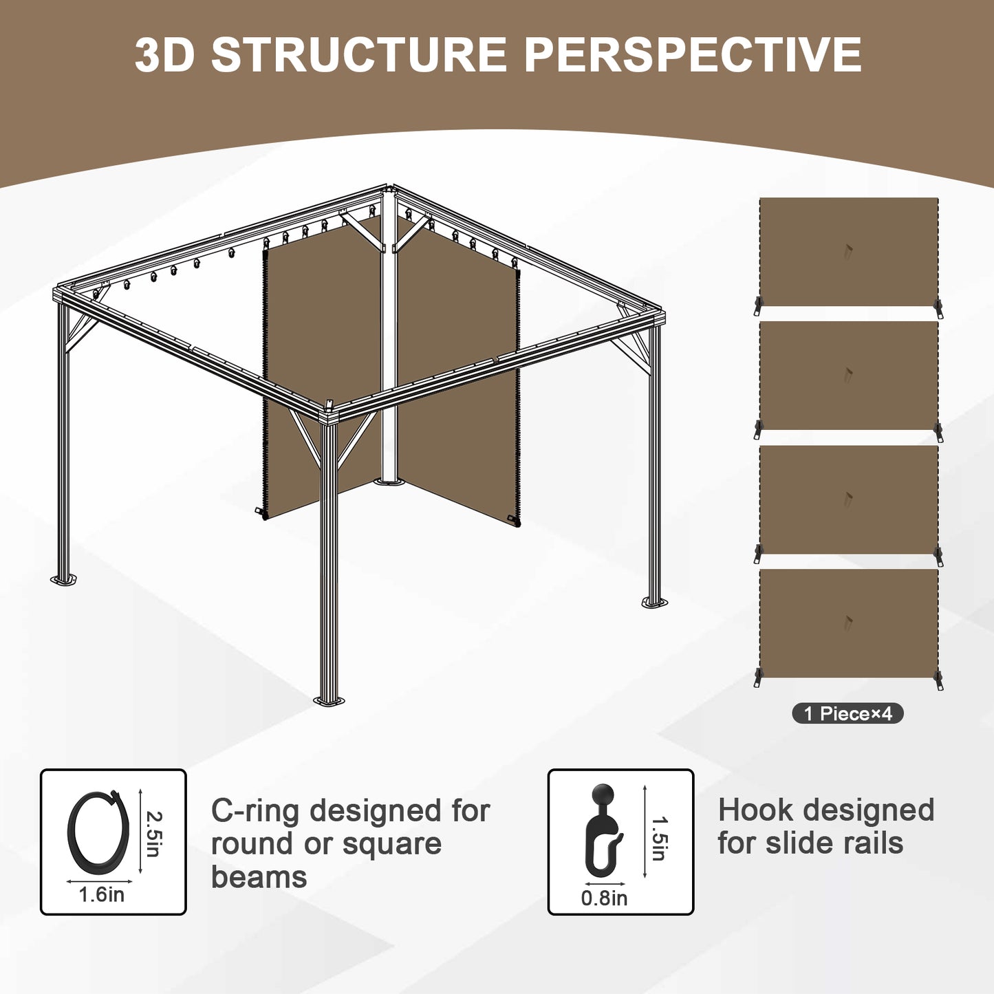 Outdoor Gazebo Curtains, 4 Panels Privacy Sidewall Replacement (Curtain Only) - Light Coffee