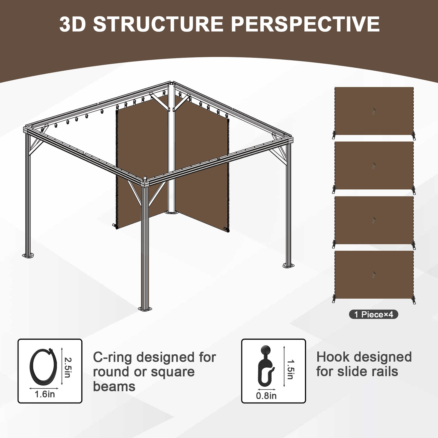 Outdoor Gazebo Curtains, 4 Panels Privacy Sidewall Replacement (Curtain Only) - Brown