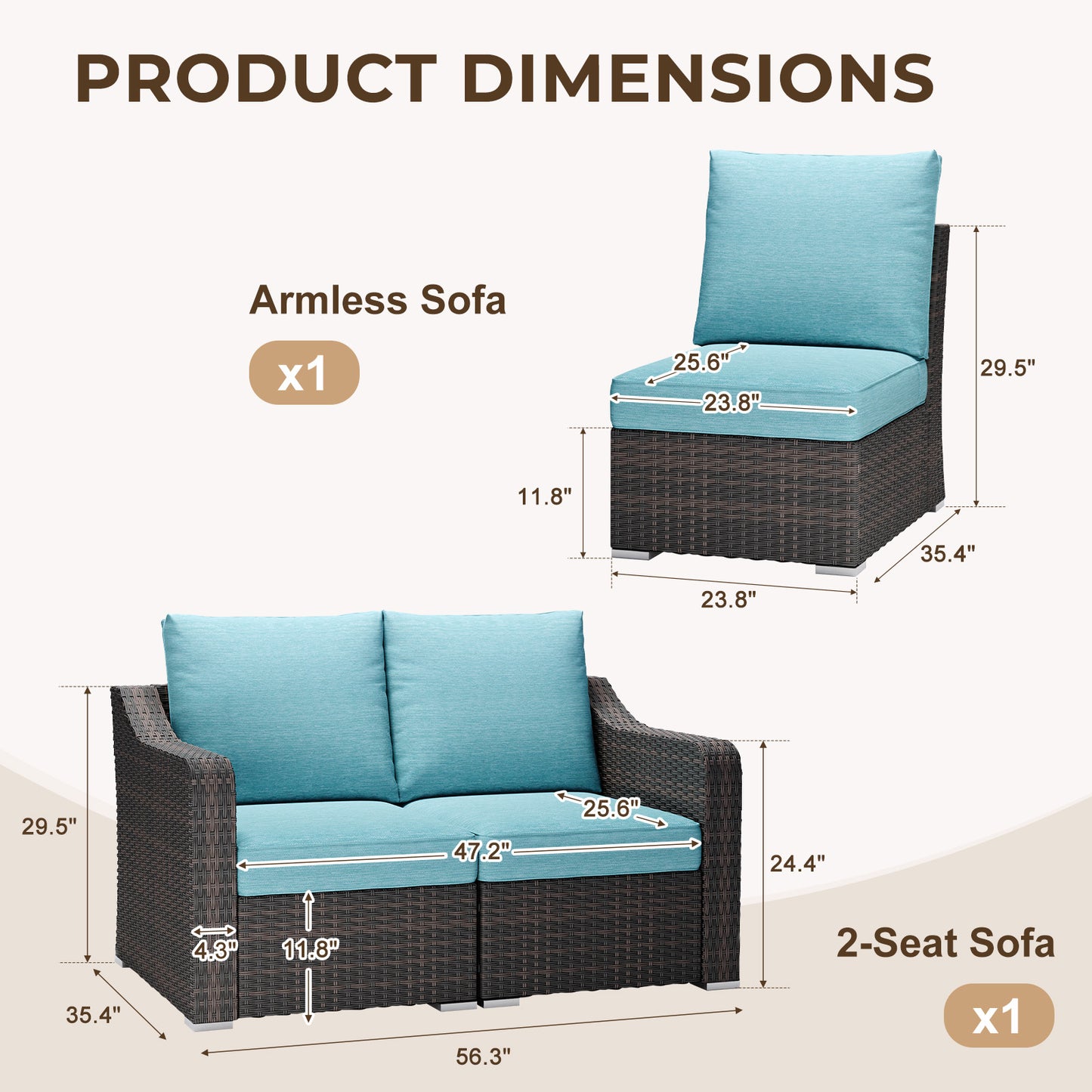 3-Piece Patio Furniture Set, Wicker Outdoor Sectional Sofa Set with Turquoise Cushions