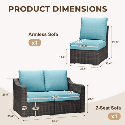 3-Piece Patio Furniture Set, Wicker Outdoor Sectional Sofa Set with Turquoise Cushions