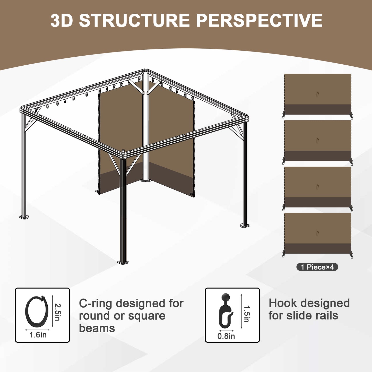 Outdoor Gazebo Curtains, 4 Panels Privacy Sidewall Replacement (Curtain Only) - Light Coffee and Coffee