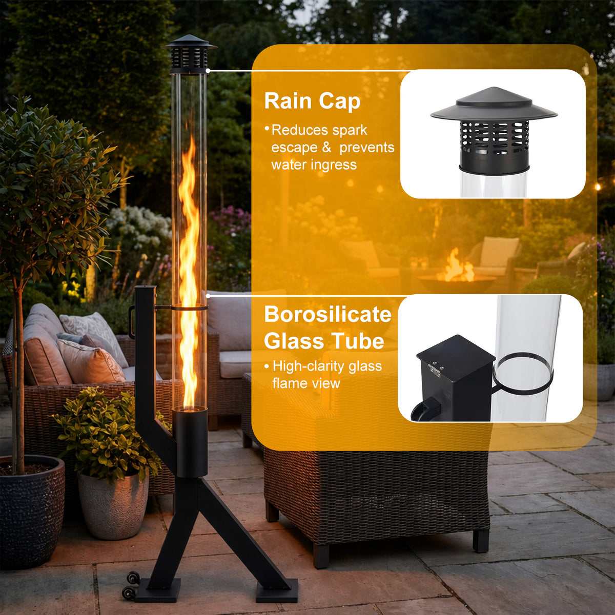 70 inch Wood Pellet Patio Heater, Wood Pellet Fire Tube Stove Portable Pellet Stove with Glass Column, Wheels, Rain Cap and Viewing Window for Porch, Backyard, Garden, and Camping