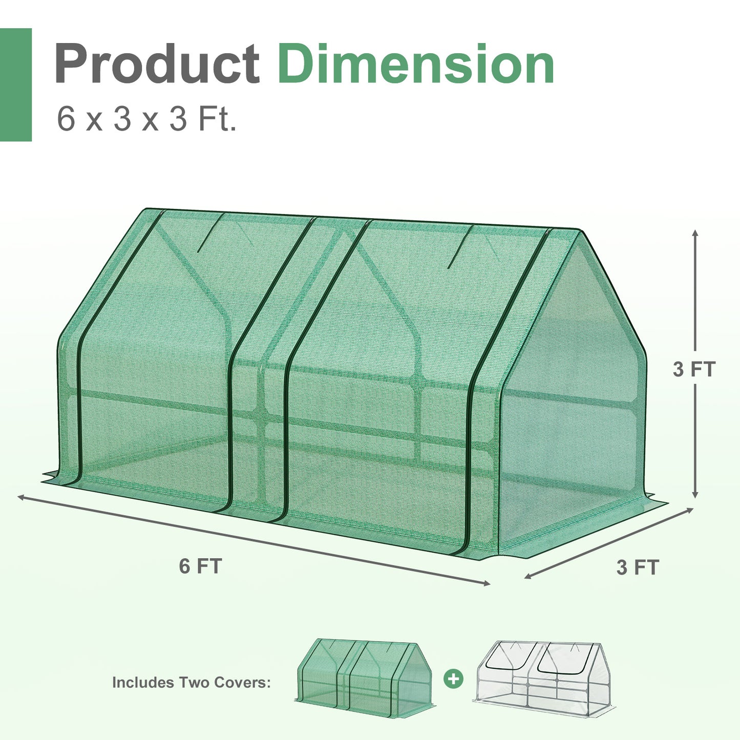 6x3x3 ft. Mini Greenhouse with 2 Zipper Doors, Water Resistant UV Protected with 2/3 Covers