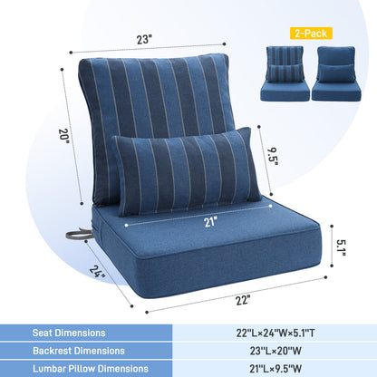 Outdoor Deep Seat Cushion Set with Lumbar Pillow, Patio Chair Back & Seat Cushions, Dark Blue Stripes