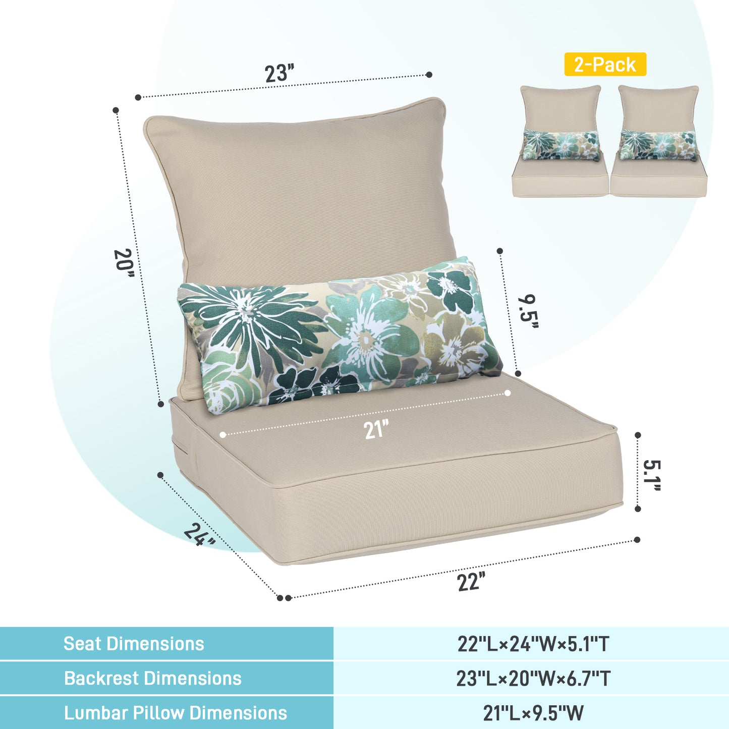 Patio Deep Chair Cushion, 2 Back 2 Seater 2 Pillow, Brown