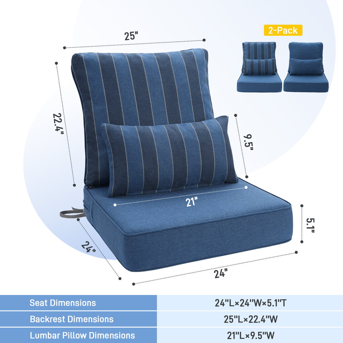 Outdoor Deep Seat Cushion Set with Lumbar Pillow, Patio Chair Back & Seat Cushions, Dark Blue Stripes
