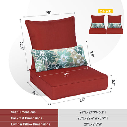Patio Deep Chair Cushion, 2 Back 2 Seater 2 Pillow, Red