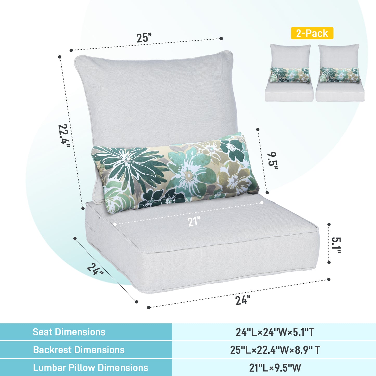 Patio Deep Chair Cushion, 2 Back 2 Seater 2 Pillow, Light Gray